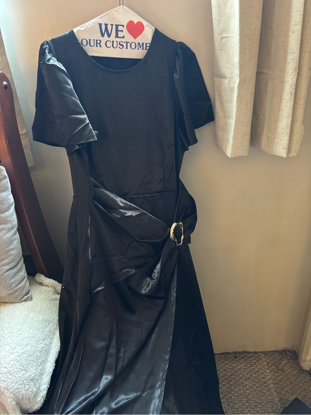 SHEIN Black Satin Midi Dress with Draped Sash and Buckle